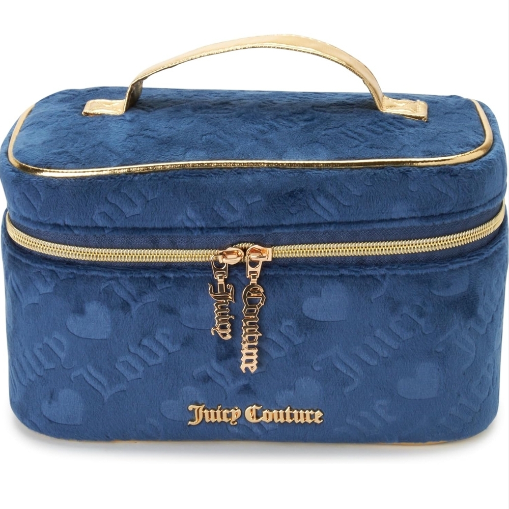 NWT Juicy Couture Blue and Gold Cosmetic Bag with Velvet Finish